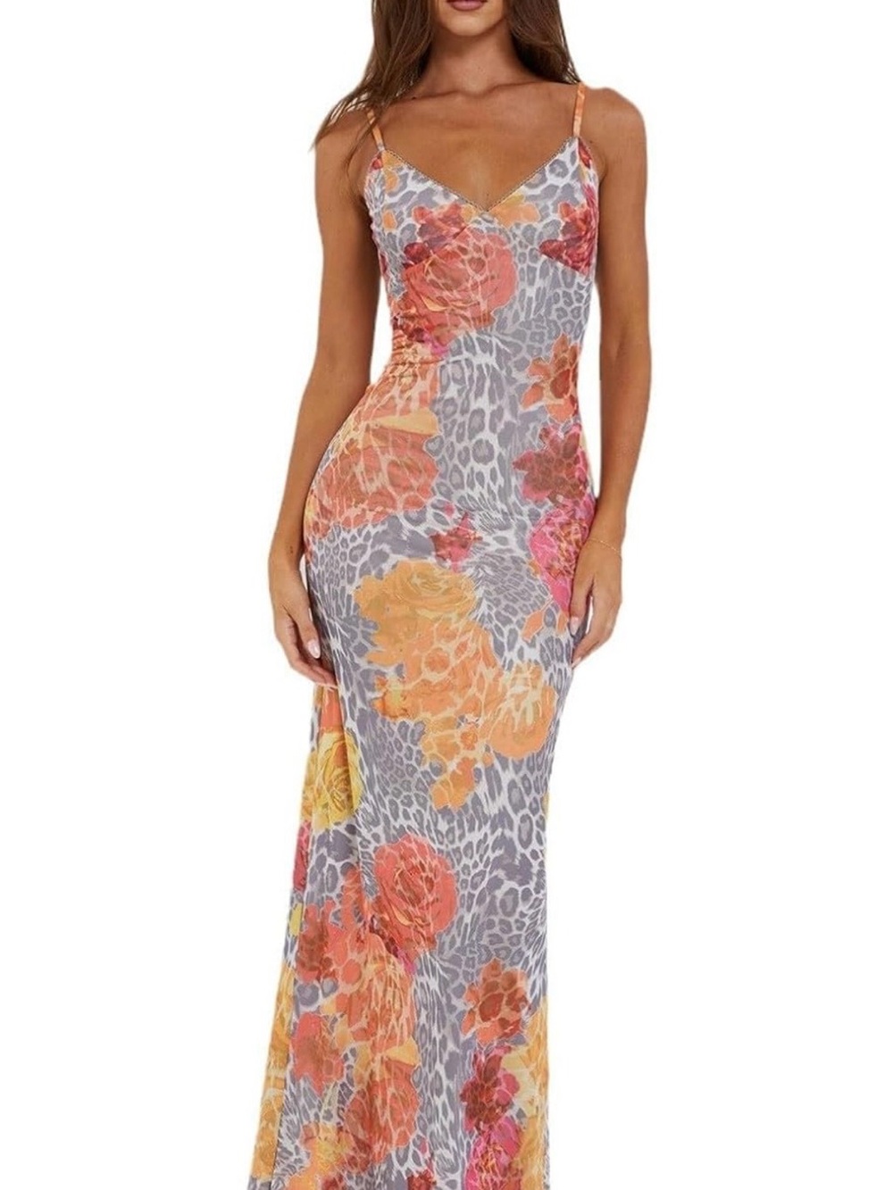 Spaghetti-Strap Floral Maxi Dress in Gray with Orange & Pink